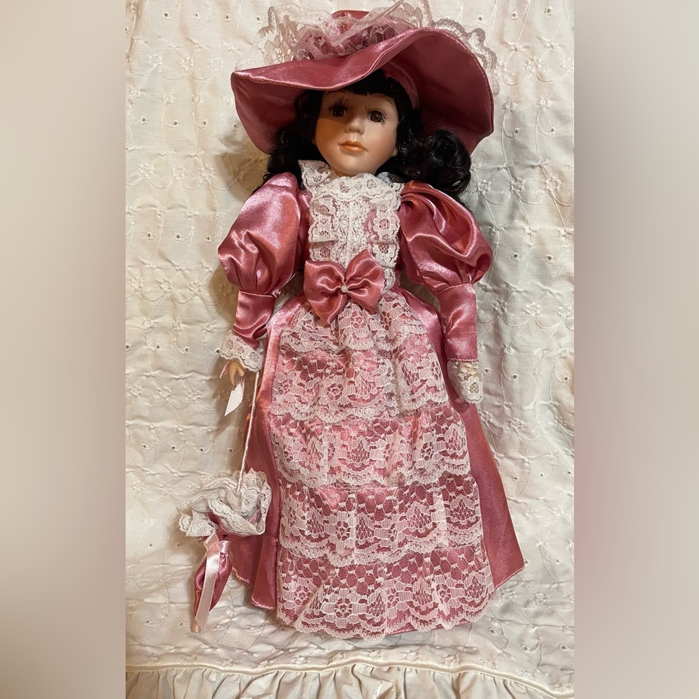 17” tall vintage collectible porcelain doll Victorian Style Dress/with stand